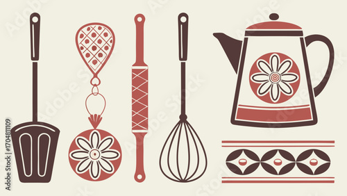 Retro Kitchen Utensils and Teapot with Floral Designs in Brown and Red Hues
