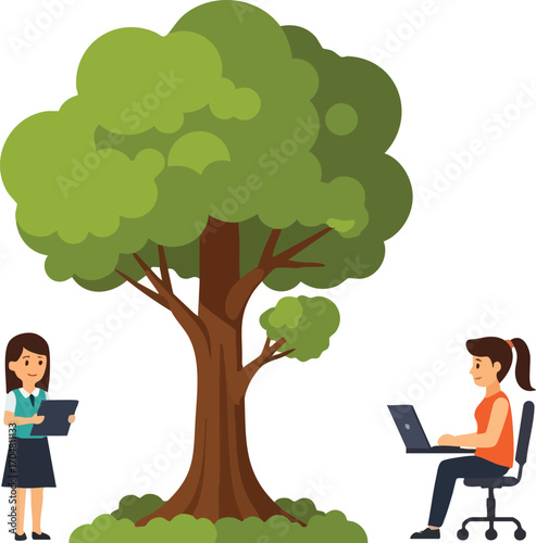 Two women working under a big tree Remote work nature and sustainable business concept