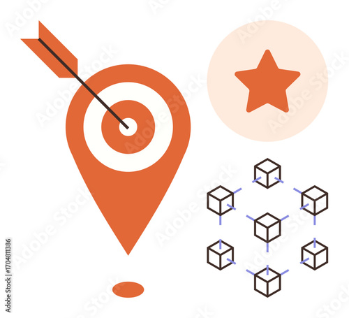 Bullseye with arrow, orange star, interconnected cubes network. Ideal for innovation, goals, connections, success, navigation teamwork marketing. Minimalist flat metaphor