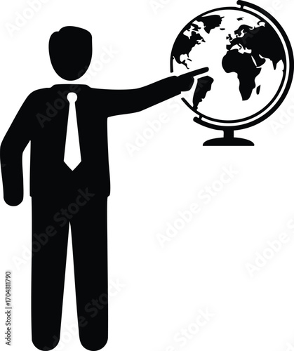A teacher in a suit points to a globe, symbolizing education, geography, and global awareness, it represents knowledge, learning, and exploration