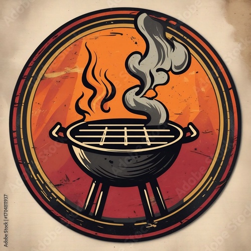 Vintage BBQ Grill Sign with Rising Smoke and Warm Grilling Flames