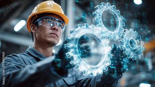Industrial Engineer Using Augmented Reality to Visualize Gears in High-Tech Manufacturing Facility