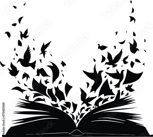 An open book with pages transforming into birds in silhouette, symbolizing freedom of knowledge and imagination perfect for literary themes