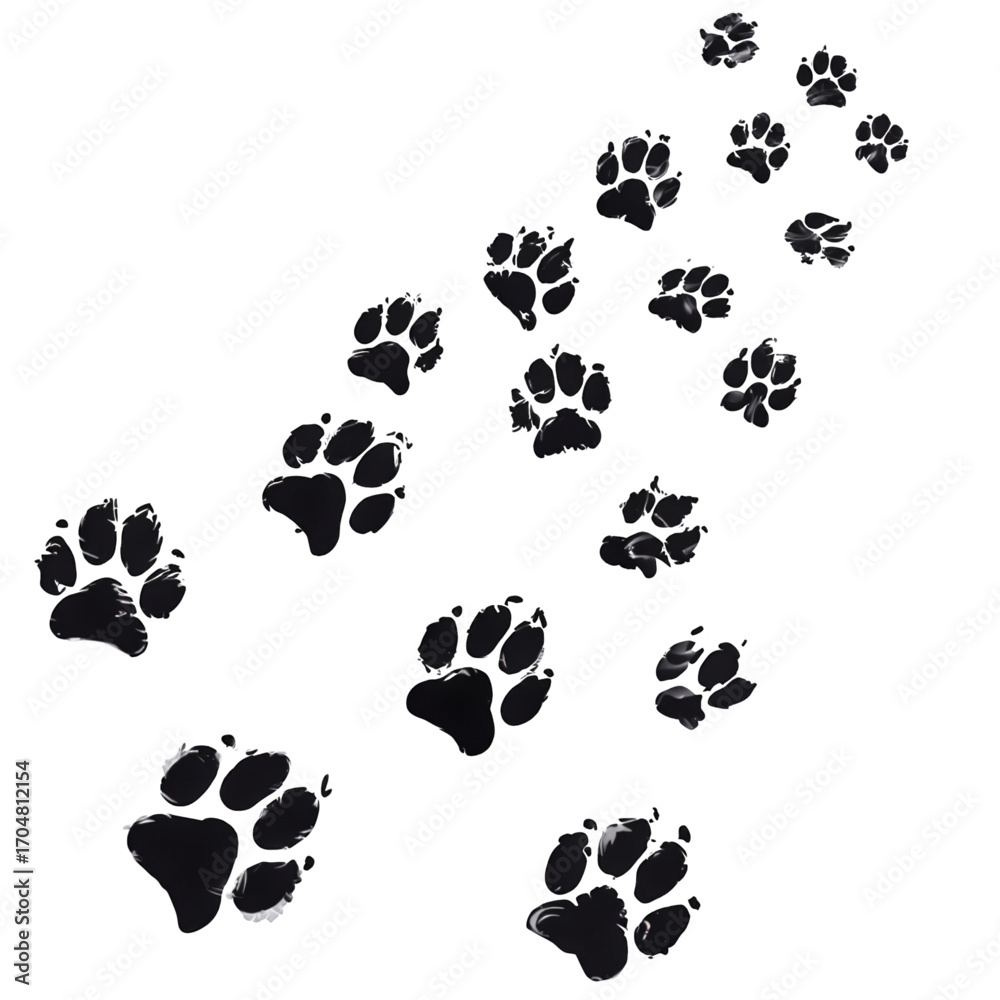 Fototapeta premium Black animal paw prints creating a walking trail path.