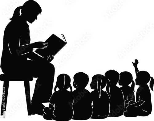 A teacher reading to a group of children, sparking imagination and a love for stories, the kids listen attentively, eager to learn