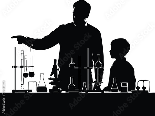 A teacher guiding a student through a science experiment, fostering curiosity and discovery, the lab is filled with beakers and test tubes