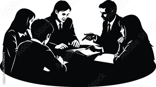 A group of business people are sitting around a table in a meeting, discussing and collaborating on a project, with a focus on teamwork and problemsolving