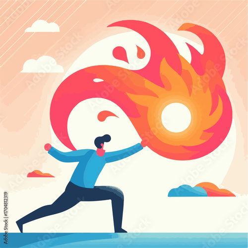 flat illustration of a person playing with fireball