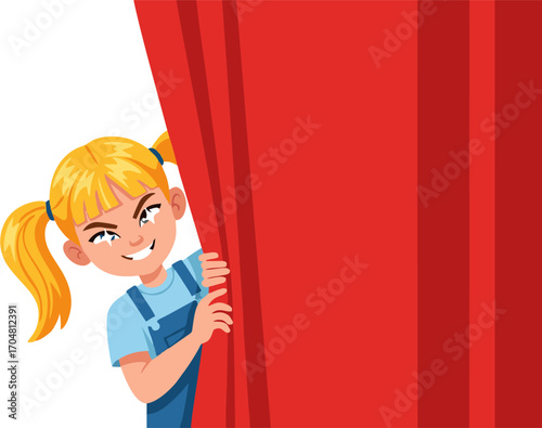 Curious Child Peeking Behind Red Stage Curtain