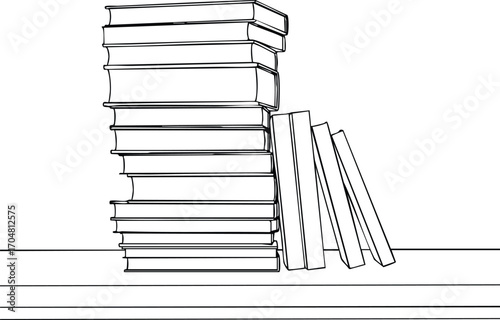 A stack of books on a shelf, drawn with a continuous line, creates a minimalist and elegant design, perfect for book lovers and minimalist art