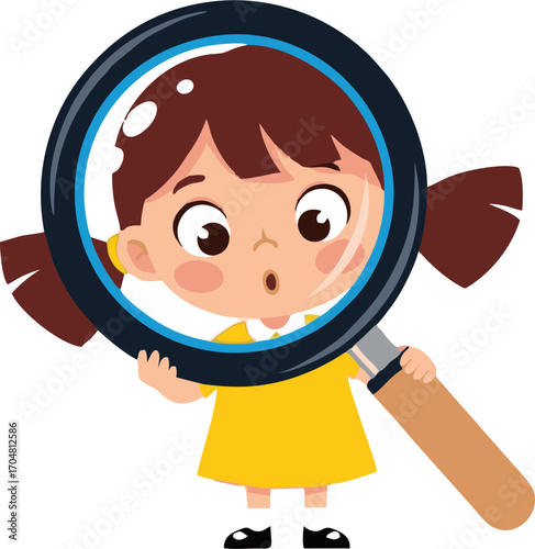 Curious Girl Gazing Through Magnifying Glass with Wide-Eyed Surprise