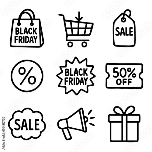 A set of doodle line icons featuring Black Friday, sales promotions, discounts, shopping carts, megaphones, and gift elements