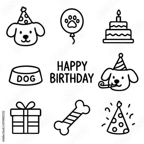 A set of doodle line icons featuring dog birthday celebration elements like party hats, cake, presents, balloons, and bones