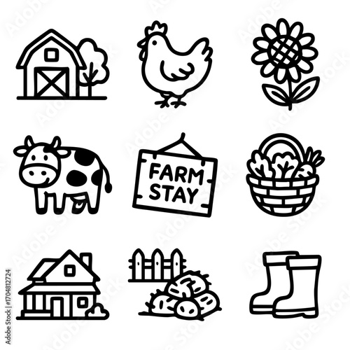A set of doodle line icons representing farm stay experiences, animals, vegetables, gardening, harvest, and rural life elements