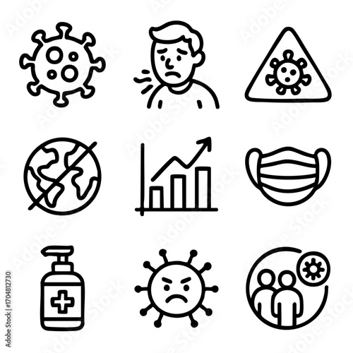 A set of doodle line icons showing virus transmission, symptoms, pandemic growth, face masks, hand sanitizers, and global health alerts