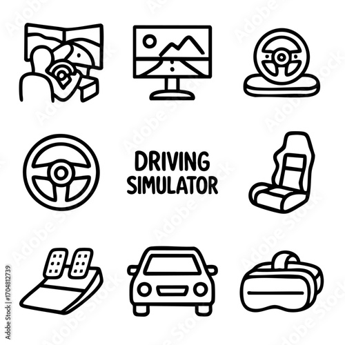 A set of doodle line icons showing driving simulator equipment, racing seats, pedals, VR headset, monitors, and steering wheels