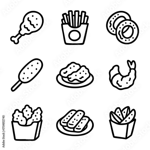 A set of doodle line icons representing fried fast food items like chicken, fries, onion rings, shrimp, nuggets, and corndogs