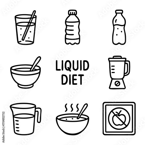 A set of doodle line icons showing liquid diet concepts, including drinks, soups, measuring cups, blenders, and nutrition restrictions