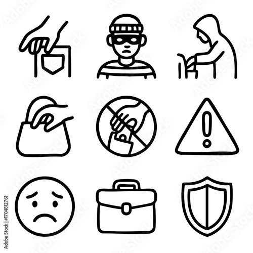 A set of doodle line icons illustrating pickpocketing, bag theft, warning signs, security, sad victims, and anti-theft protection symbols