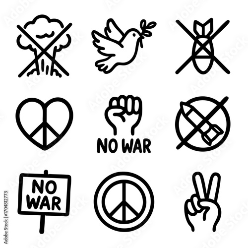 A set of doodle line icons representing peace, anti-war protests, no weapons, dove, peace symbols, and non-violence activism