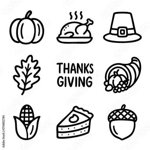 A set of doodle line icons representing Thanksgiving with traditional foods, autumn symbols, pilgrim hat, cornucopia, and seasonal decor