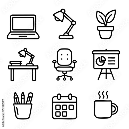 A set of doodle line icons representing home office essentials including laptop, desk, chair, coffee, calendar, plant, and lamp