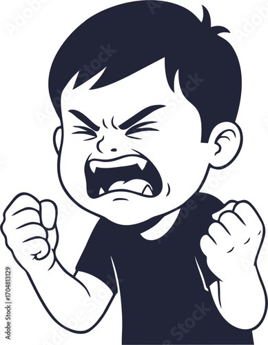 Furious Boy Cartoon Illustration, Angrily Screaming with Clenched Fists