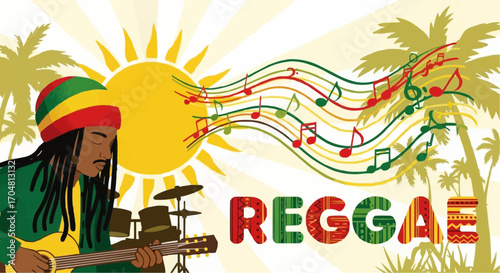 Vector art of reggae musician playing guitar with sun, palm trees, and musical notes in the background, vibrant colors