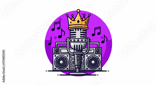 Vector art of a microphone wearing a golden crown, placed in front of a boombox with musical notes floating around