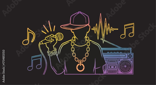 Vector art of rapper with microphone, boombox, and sound waves, neon outline style on