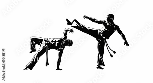 Vector art of two silhouetted figures performing capoeira moves, one kicking, the other in a low stance