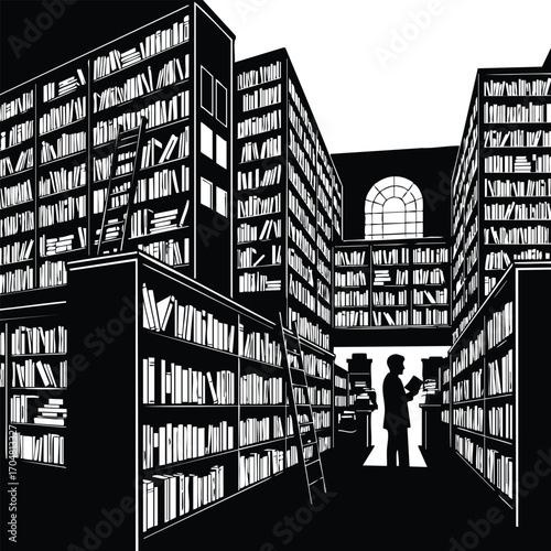 Silhouette illustration of a library interior with tall bookshelves and a person reading the image evokes knowledge, learning, and literature