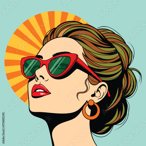 A pop art illustration of a stylish retro woman wearing red cateye sunglasses.
