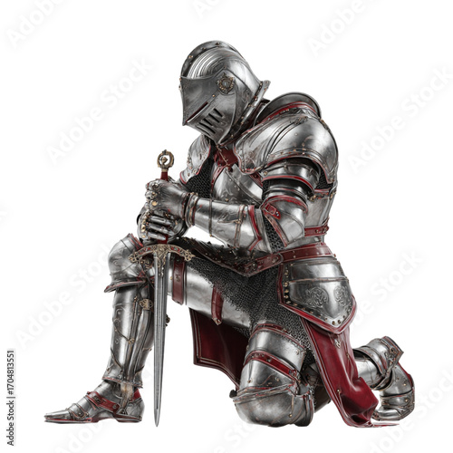 Knight in armor praying with sword white background