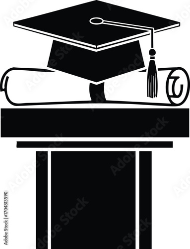 Graduation cap and diploma on a pedestal, symbolizing academic achievement, success, and the culmination of hard work in education