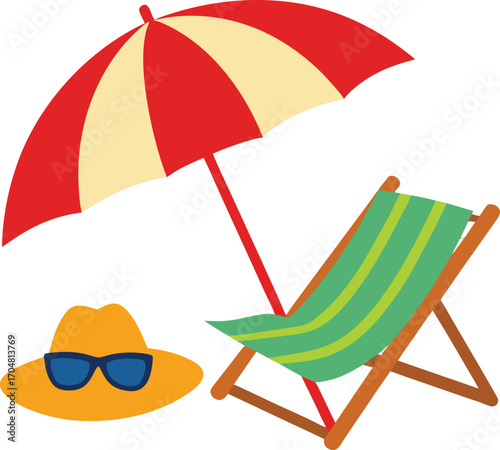 Beach chair and umbrella hat sunglasses isolated on white summer holiday relaxation seaside vector artwork