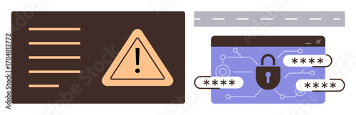 Warning sign with alert icon beside browser screen and padlock visuals with hidden password characters. Ideal for cybersecurity, data protection, IT security training, internet safety, risk