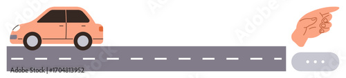 Car driving on a gray road with dashed lines, accompanied by a hand pointing forward. Ideal for navigation, direction, travel, planning, guidance, movement and journey themes. Clean flat metaphor