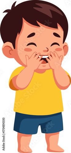 Joyful Toddler Covering Mouth in Laughter, Cartoon Illustration
