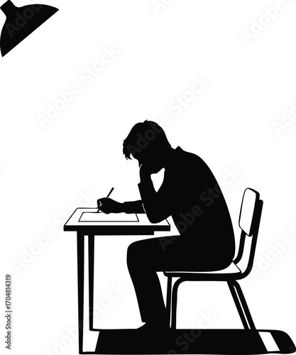 A silhouette of a student studying at a desk under a lamp, representing focus, concentration, and the pursuit of academic success