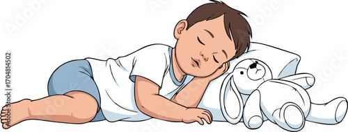 Peaceful Cartoon Baby Sleeping Comfortably with a Plush Bunny Toy