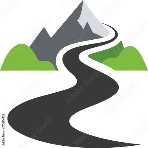 Curved asphalt road through misty mountains isolated scenic landscape winding highway travel vector artwork