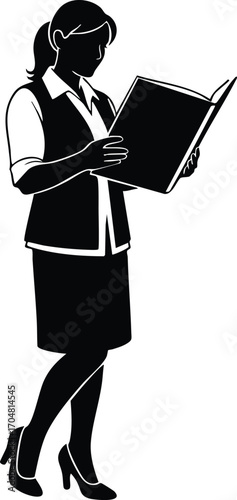 Silhouette of a woman reading a book the figure is depicted in a professional attire, suggesting a focus on knowledge and information