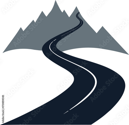 Curved asphalt road through misty mountains countryside transportation nature scenery vector illustration