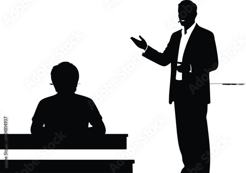 Silhouette illustration of a teacher lecturing to a student, the scene depicts education and knowledge transfer in a classroom setting