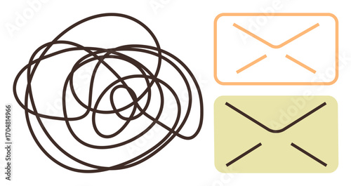 Tangled brown lines transform into structured mail envelopes in two simplified colors. Ideal for communication, organization, problem-solving, clarity, productivity, workflow, minimalism. Simple flat