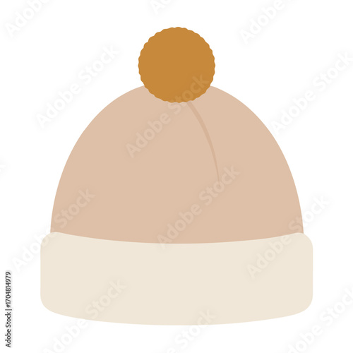 Eige knit beanie with faux fur pompom winter hat fashion warm clothing accessory cozy vector illustration