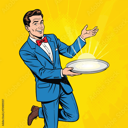 A smiling pop art man in a blue suit and red bow tie presenting a glowing silver tray.