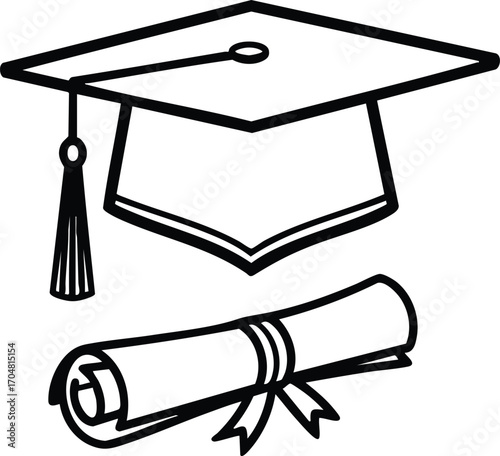 A graduation cap and diploma, symbolizing academic achievement, success, and the culmination of hard work and dedication in education