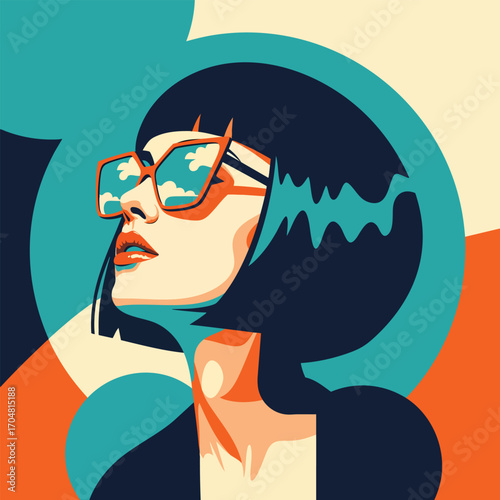 A stylish pop art illustration of a woman with a dark bob haircut wearing large sunglasses reflecting a cloudy sky.